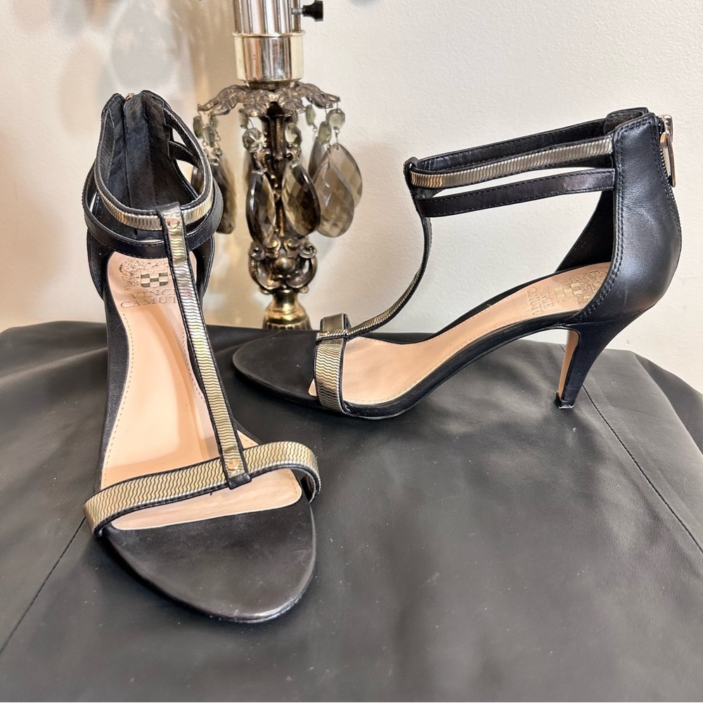 Vince Camuto Makoto Black Gold Metallic Zip Back Ankle T Strap Heeled Sandals